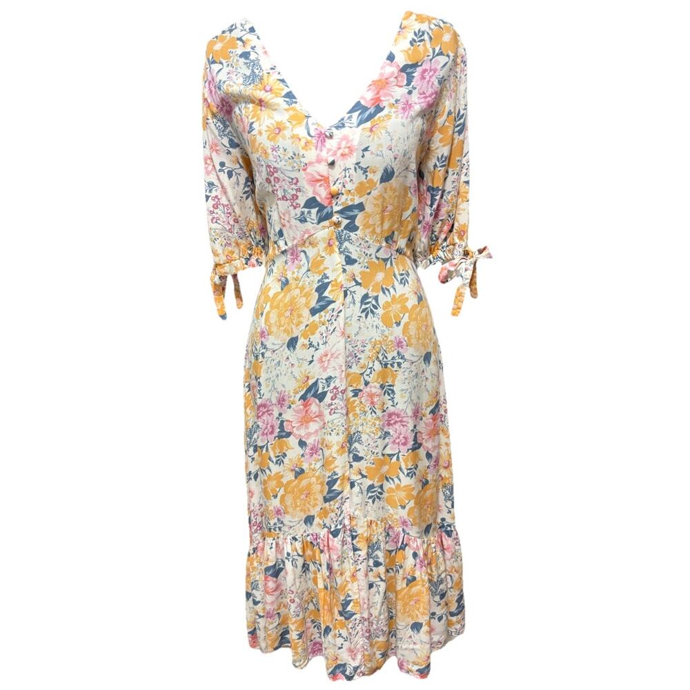 Luxology Floral Midi Dress Large Yellow Pink Boho Cottagecore Tie Sleeve